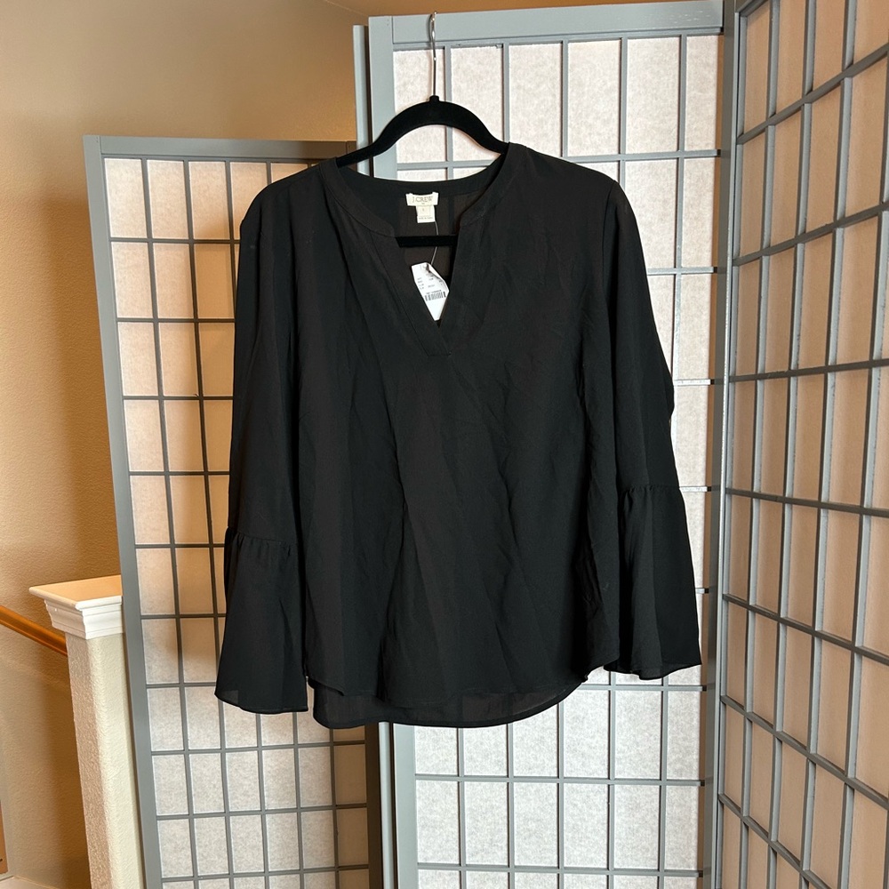NWT J. Crew Black V-Neck Blouse with Bell Sleeves